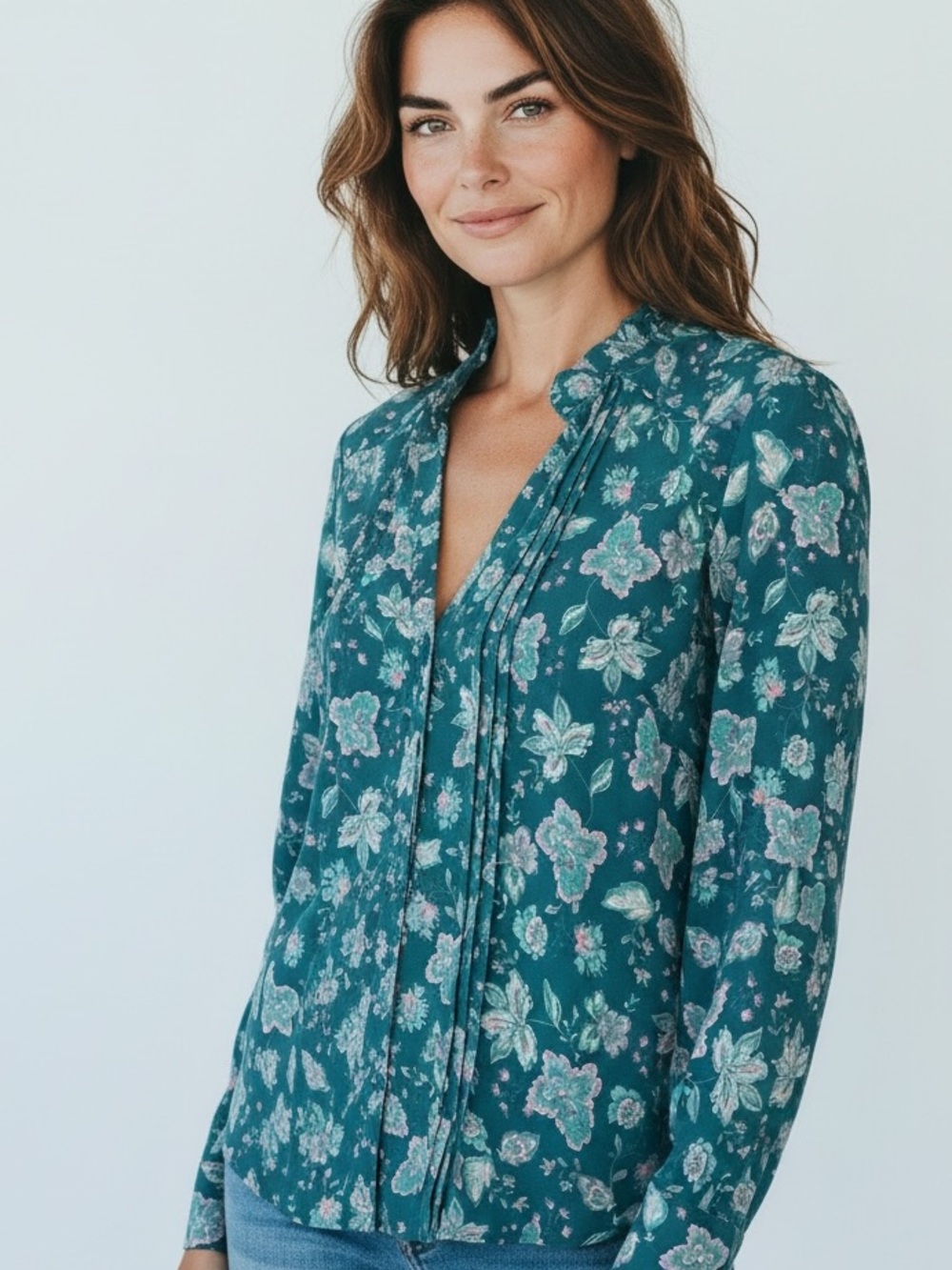 Nanette Lepore Teal Floral Pintuck Blouse in size Large - Picture 1 of 6
